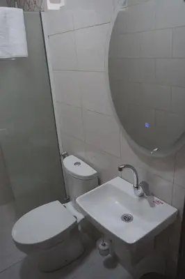 a bathroom with a toilet and a sink and a mirror at Petra Passion Inn in Taiyiba