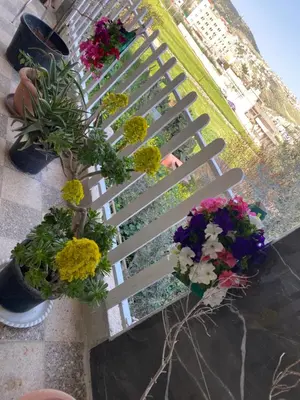 a white fence with some flowers on it at huseein rooms in Jerash