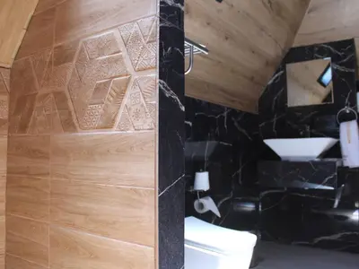 a bathroom with a toilet and a black wall at Deadsea OCTAGON in Madaba