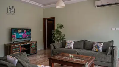 a living room with a couch and a tv at Maison Gaia, A Stylish Apartment in the heart of Amman in Amman