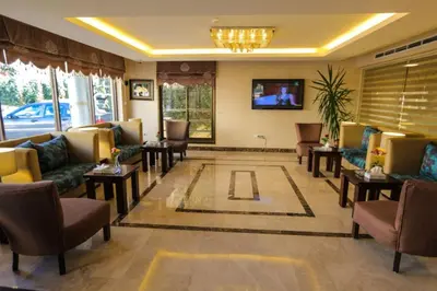 a living room with couches and a tv at LANCASTER HOTEL APARTMENTS DAHIET ALRASHEED in Amman
