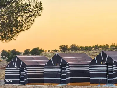a row of black and white buildings in a field at Wadi Al-Wala View Camp in Madaba