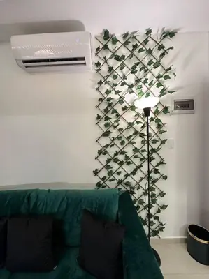 a living room with a green couch and a plant at modern apartment in abdoun-amman in Amman