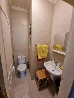 a small bathroom with a toilet and a sink at Modern chic haven in Amman