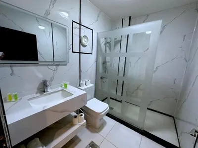 a bathroom with a sink and a shower and a toilet at Al Joude Hotel فندق الجود in Irbid