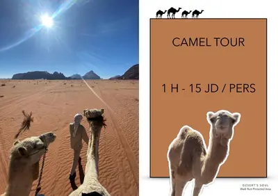 a picture of a man and camel in the desert at Desert's Soul Wadi Rum in Disah