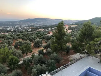 a view from the roof of a house with trees at The Pine Tree Chalet in Jerash