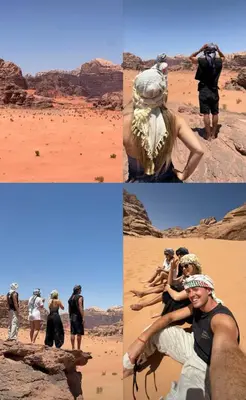 a collage of photos of people in the desert at Talal Wadi Rum in Wadi Rum