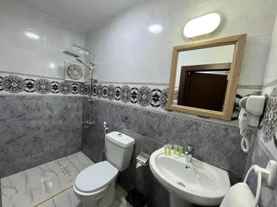 a bathroom with a toilet and a sink and a mirror at Mansi Residence in Wadi Musa