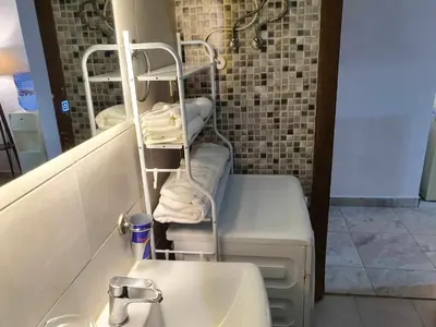 a bathroom with a towel rack next to a sink at Suad Apartment in Amman