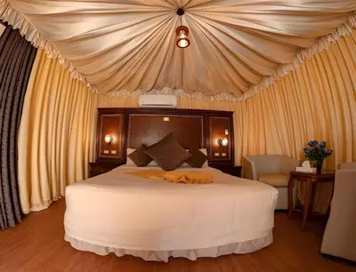 a bedroom with a bed with a canopy at Shebara Camp Wadi Rum in Wadi Rum
