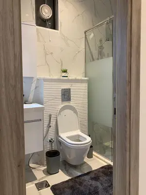 a bathroom with a white toilet and a shower at Odeh Residence in Aqaba