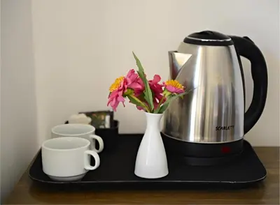 a coffee maker and a vase of flowers on a tray at The bubble camp in Wadi Rum