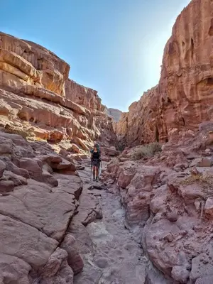 a person is walking through a rocky canyon at - Trekking from Dana to Petra in Dana