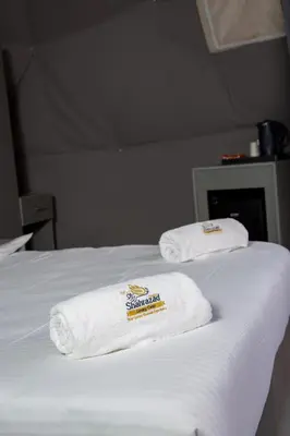 two towels sitting on top of a bed at Omsiat Shahrazad Luxury Camp in Wadi Rum