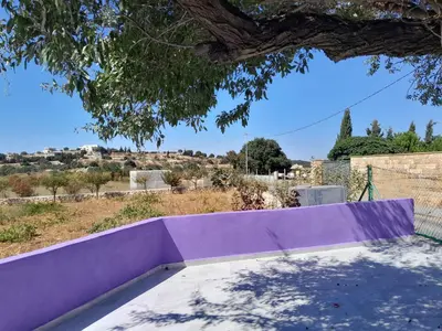 a purple wall in front of a tree at Jerash mountain studio chalet شاليه جبال جرش و عجلون in Jerash