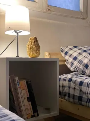 a room with a bed and a table with a lamp and books at Homey Apt. with beautiful view in Amman