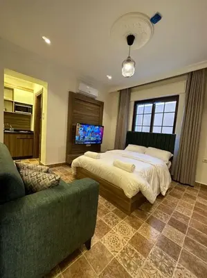 a bedroom with a bed and a couch and a tv at 2/ Antica jabalal-lwebdeh in Amman