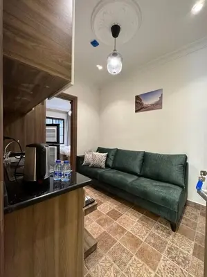 a living room with a green couch in a room at 3/ Antica jabalal-lwebdeh in Amman