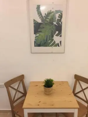 a wooden table with a potted plant on top of it at Royal Luxury Amman Central Apartments in Amman