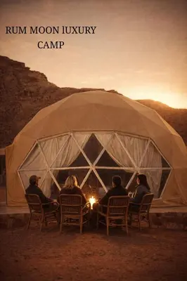 a group of people sitting around a fire in a iguana camp at RUM MOON lUXURY CAMP in Wadi Rum