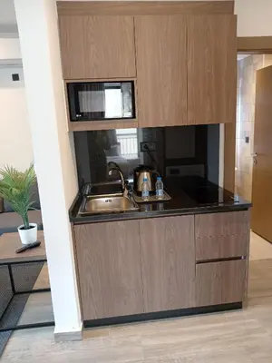 a kitchen with a sink and a microwave at Alshakreen suites in Amman