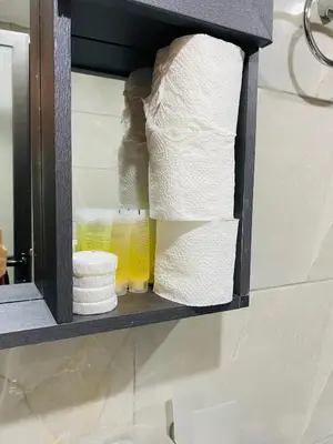 a shelf with rolls of toilet paper in a bathroom at Rum Elegant luxury camp in Wadi Rum