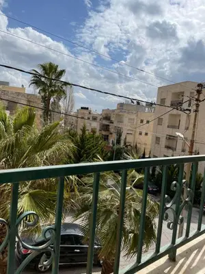 a green railing with palm trees and a car on a street at Khalda Renovated 3 Bedroom Apartment in Amman
