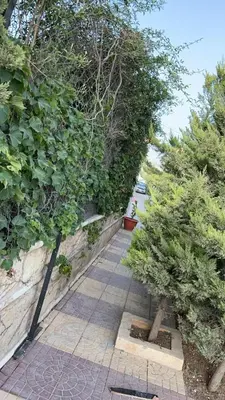 a walkway with trees and bushes next to a wall at شقه مفروشه مع حديقه اربد بجانب فندق فلامنجو ومدارس دار العلوم in Irbid