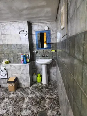 a bathroom with a sink and a toilet and a mirror at Mickey Mouse studio in Jerash