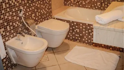 a bathroom with a toilet and a sink and a tub at Sandy palace Hotel in Amman