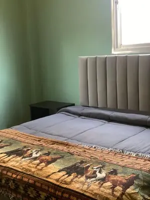 a bedroom with a bed with a rug on it at 3bedrooms apt near paris square in Amman