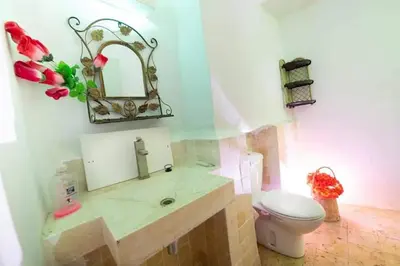 a bathroom with a sink and a toilet and a mirror at Dana star in Dana