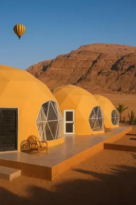 a group of domed tents in the desert at Desert Elegance Luxury Bedouin Camp Panoramic View in Wadi Rum
