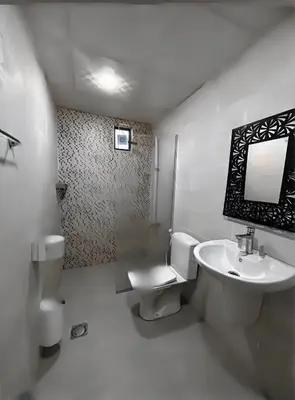 a white bathroom with a sink and a toilet at Rum Green Camp in Wadi Rum