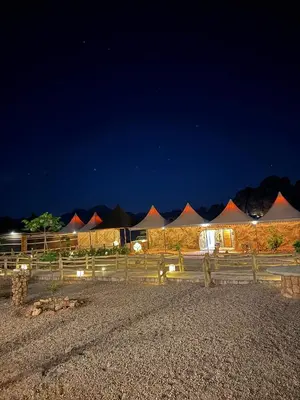 a group of tents in a field at night at Desert Oasis Lodge in Wadi Rum in Disah