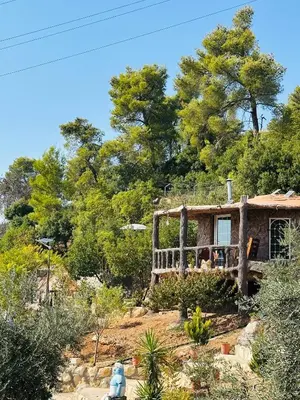 a house on a hill with trees in the background at منتزه واكواخ كركوش in Ajloun