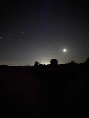 a group of people looking up at the night sky at desert Hawk in Wadi Rum