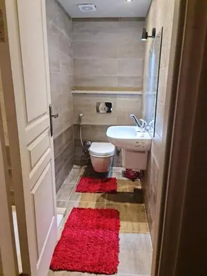 a bathroom with a sink and a toilet and red rugs at Holy land in Amman