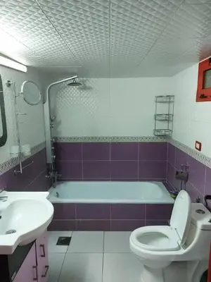 a bathroom with a tub and a toilet and a sink at Araregj home in Amman