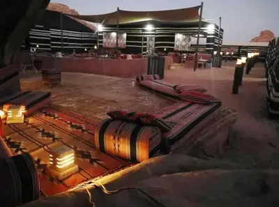 a construction site with pipes and lights in a building at Wadi Rum, sands of Mars in Wadi Rum