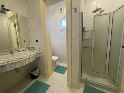 a bathroom with a sink and a shower and a toilet at 360 INNn in Irbid