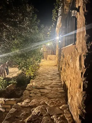 a stone path next to a building at night at Dana horizon hotel in Dana
