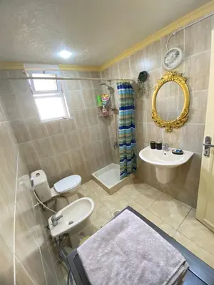 a bathroom with a toilet and a sink and a mirror at The heart of Jabal alweibdeh 2,000 SF entire apartment in Amman