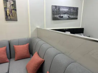 a gray couch with two pillows sitting in front of a mirror at استوديو مفروش لشخصين الجاردنز 320 in Amman
