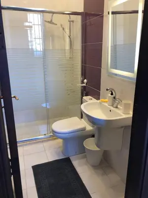 a bathroom with a toilet and a sink and a shower at Cozy Apt in amman with a view in Amman