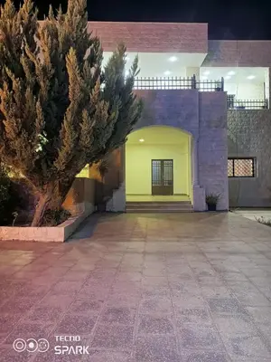 a building with a yellow door and a palm tree at luxury house in Madaba