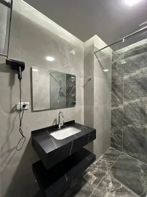 a bathroom with a sink and a glass shower at Chic Apartments For Rent ave2-2 in Amman