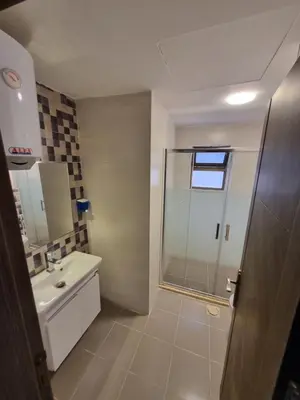 a bathroom with a shower and a sink at Rooftop pool with terraces F-R in Amman