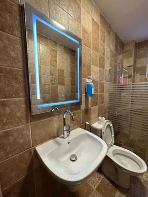 a bathroom with a sink and a toilet with a mirror at 1 Antica Jabalal-lwebdeh in Amman
